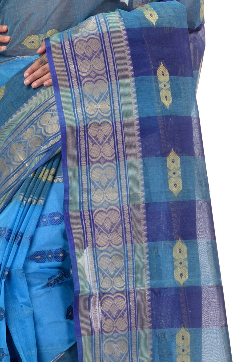 Blue Pure Cotton Raj Nandi Desigine Tant Saree (754)
